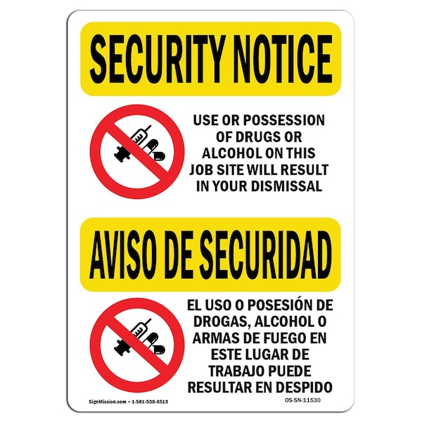 OSHA Security Sign, 3.5" Height, 5" Width, Drugs Or Alcohol Dismiss Bilingual, Landscape, 10PK